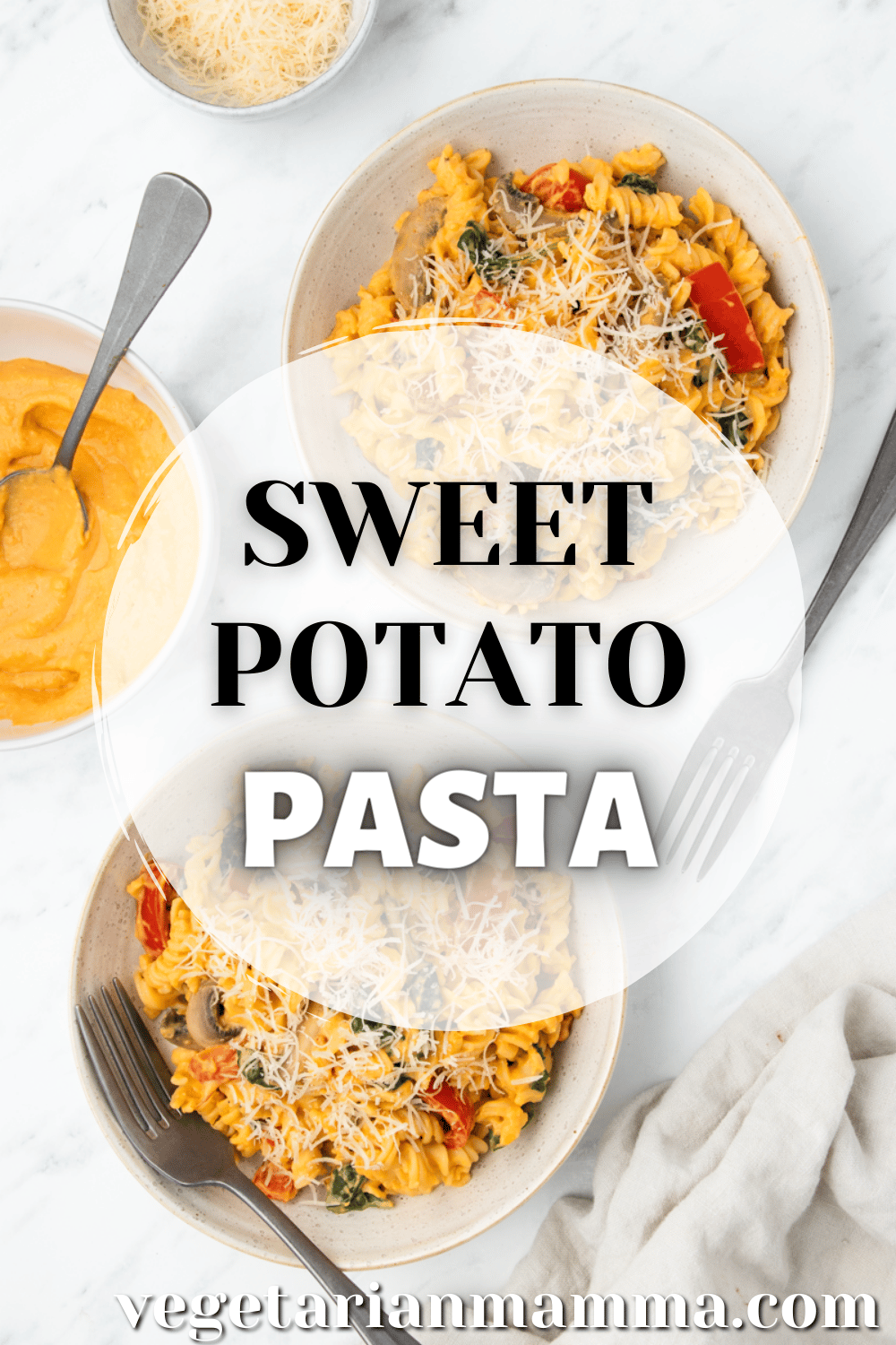 This healthy sweet potato pasta is completely delicious and super simple to make! Packed with veggies both in the dish, and blended into the sauce, it's a nutritious meal that the whole family will devour.