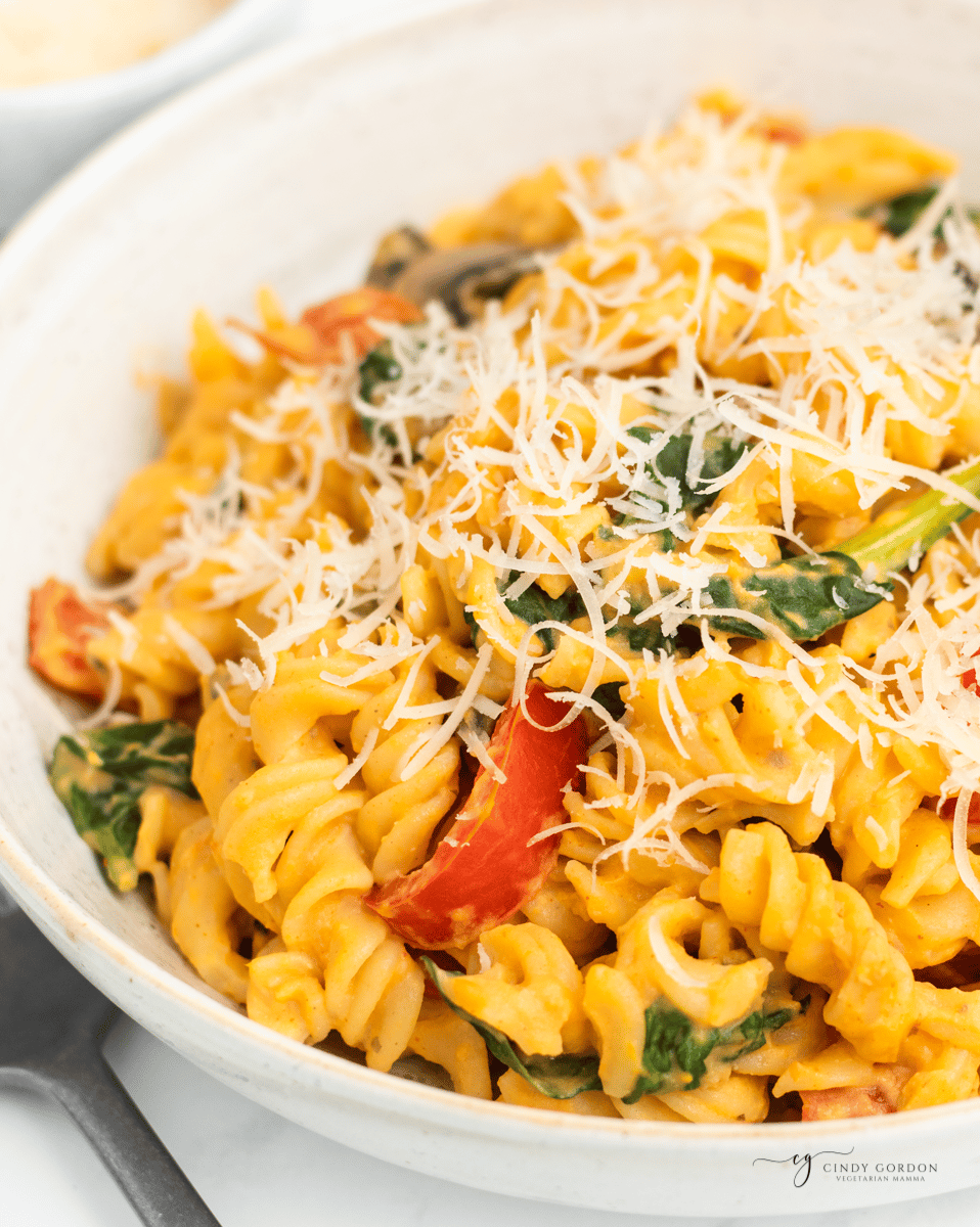 closeup view of a bowl of pasta coated in sweet potato sauce, sauteed with mushrooms, spinach and red pepper