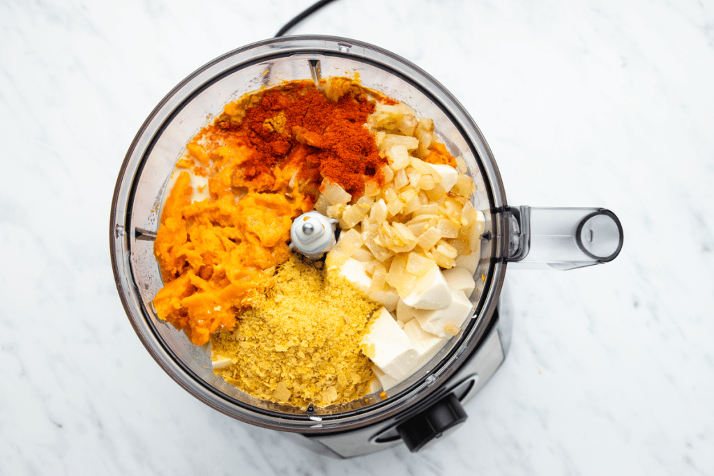 sweet potato pasta sauce ingredients in a food processor