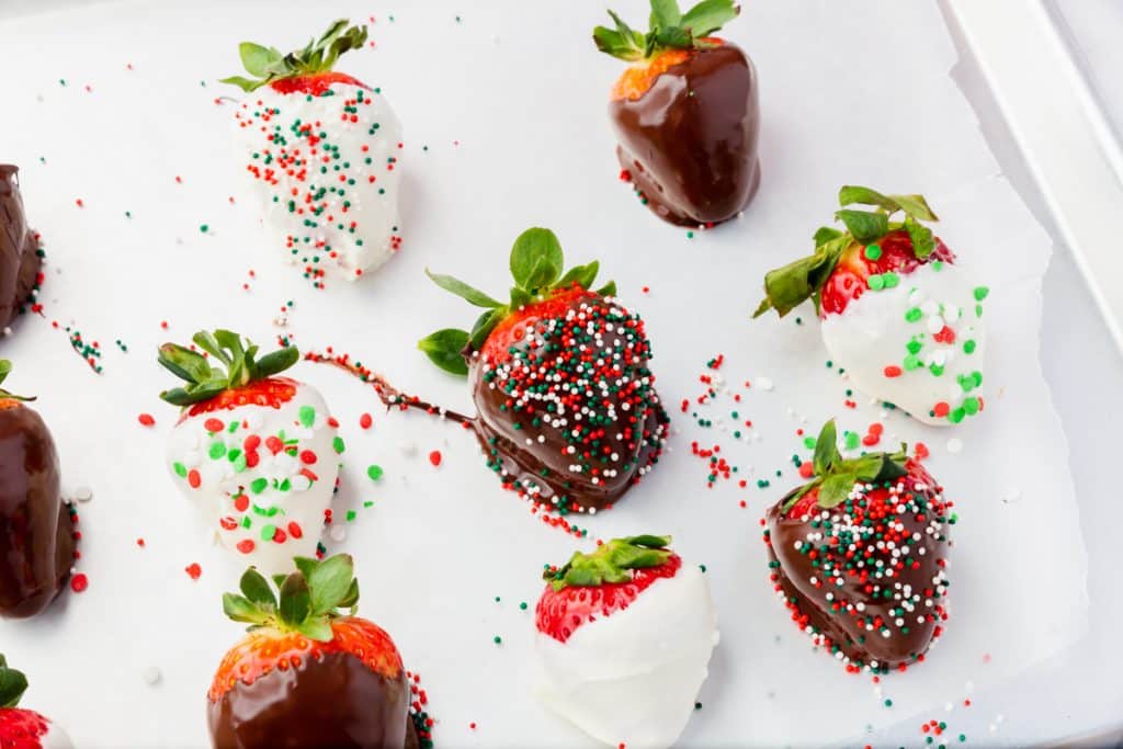 Chocolate covered strawberries with Christmas Sprinkles