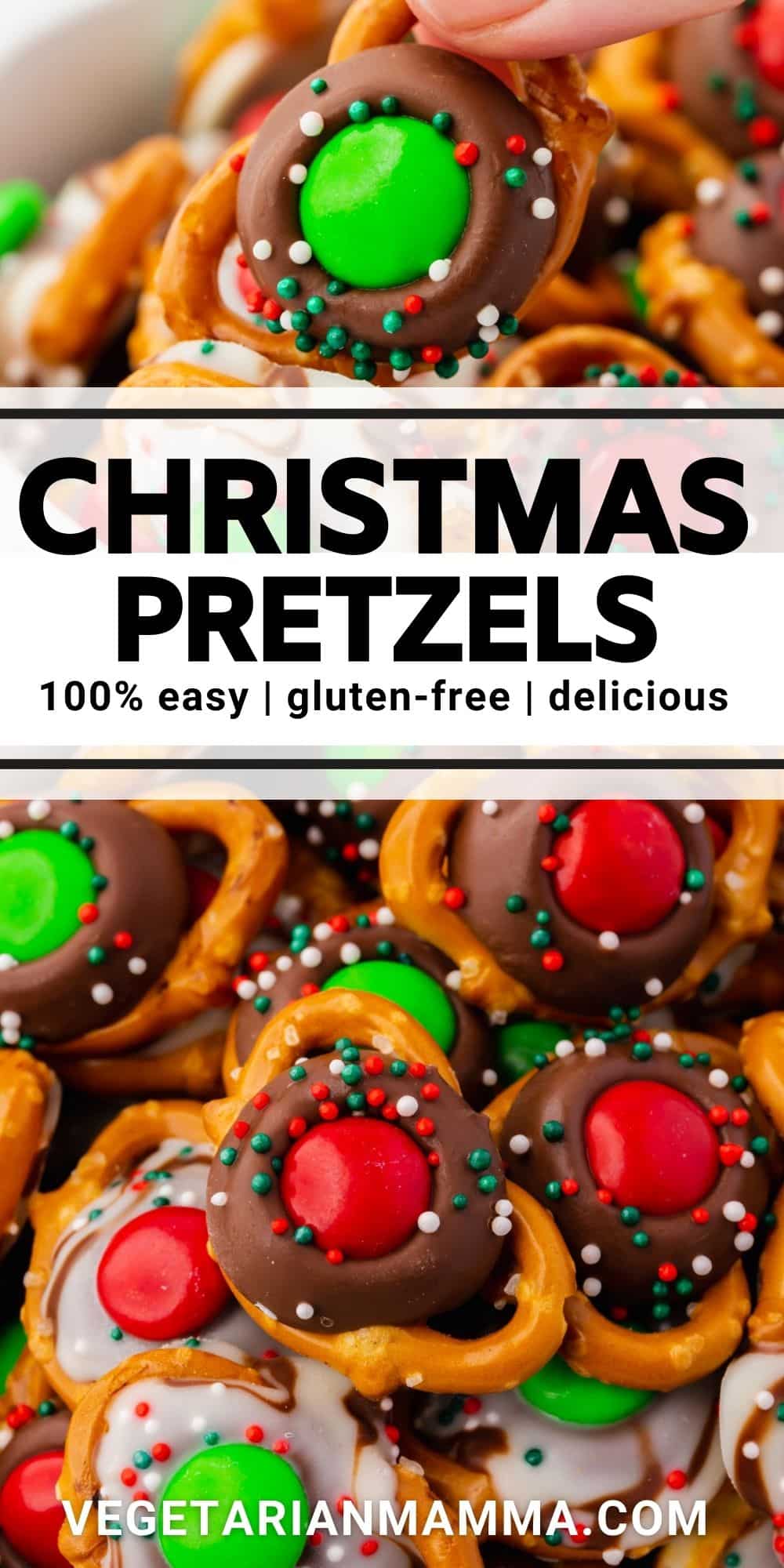 Sweet and salty Christmas Pretzels are so easy to make! We're taking gluten-free pretzel twists and topping them with melted Hershey's kisses, holiday M&Ms, and festive sprinkles. These are the perfect poppable snack for your holiday parties. #ChristmasPretzels #PretzelChristmasTreats #ChristmasPretzelsRecipe