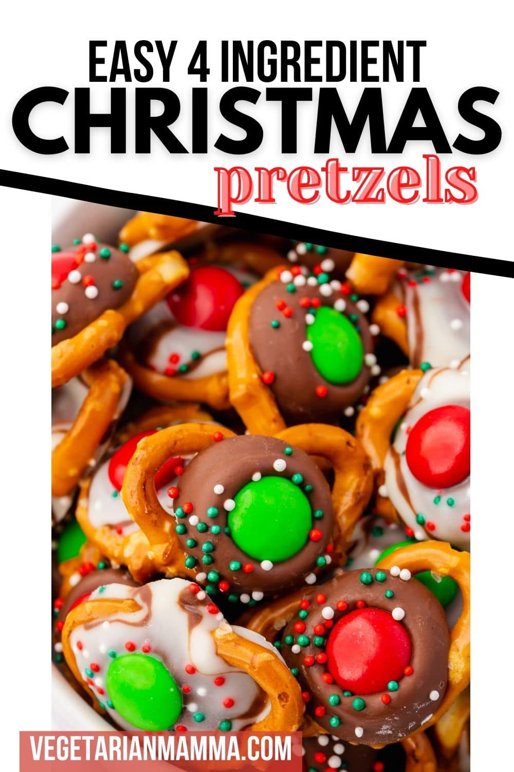 Sweet and salty Christmas Pretzels are so easy to make! We're taking gluten-free pretzel twists and topping them with melted Hershey's kisses, holiday M&Ms, and festive sprinkles. These are the perfect poppable snack for your holiday parties. #ChristmasPretzels #PretzelChristmasTreats #ChristmasPretzelsRecipe