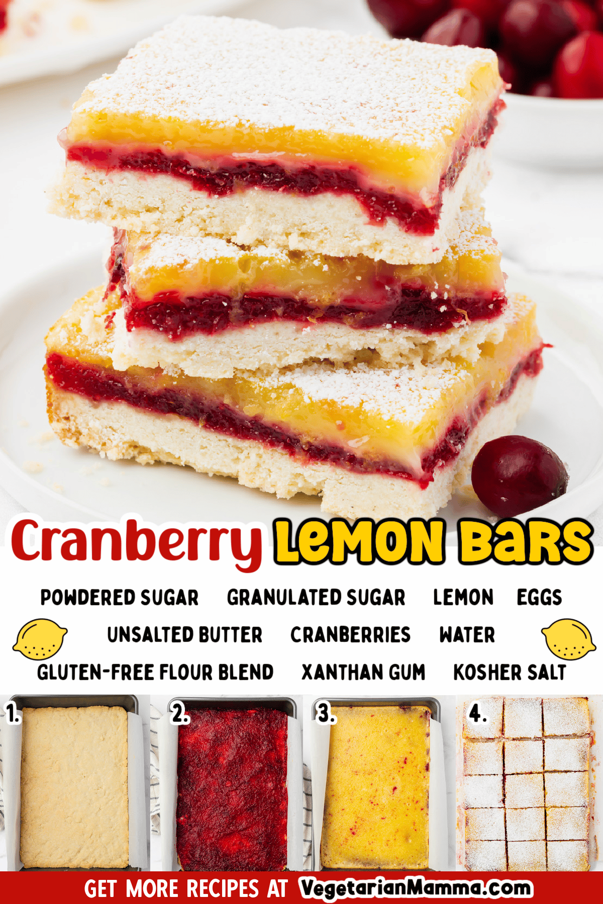 Classic tangy lemon bars updated with a tart layer of fresh cranberry jam are perfect for the holidays! Cranberry Lemon Bars will find a place on your Christmas or Thanksgiving table or make a tasty treat for any other occasion.