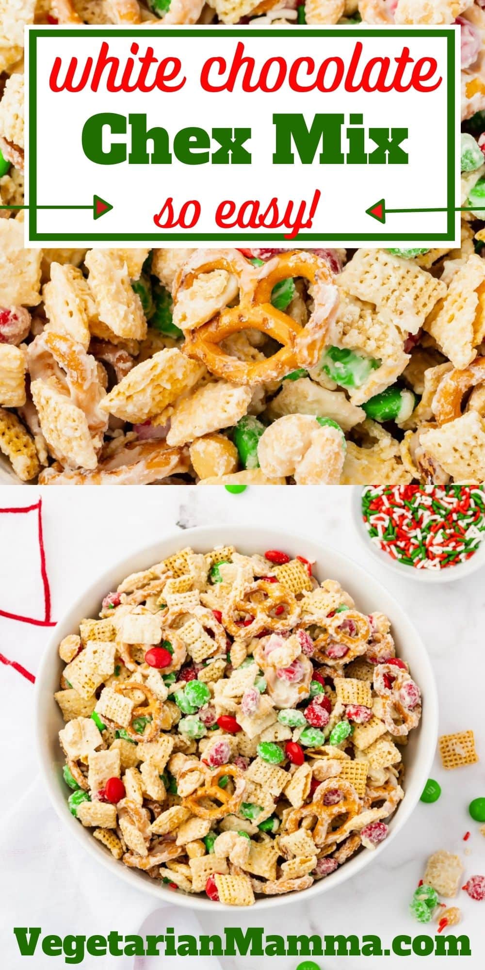 White Chocolate Chex Mix is an irresistibly delicious holiday treat made with crunchy cereal, pretzels, peanuts, and red and green M&Ms. It's sweet, salty, and super easy to make!