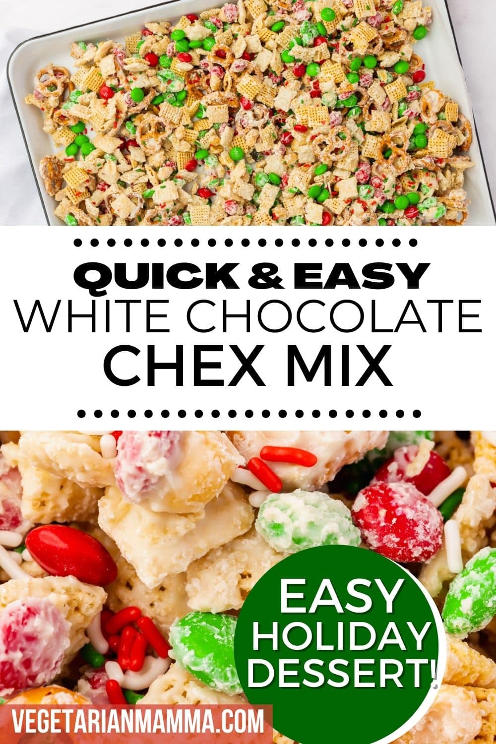 White Chocolate Chex Mix is an irresistibly delicious holiday treat made with crunchy cereal, pretzels, peanuts, and red and green M&Ms. It's sweet, salty, and super easy to make!