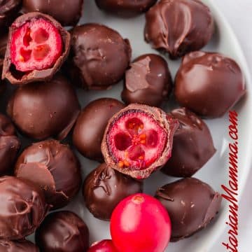 Bowl of chocolate-covered cranberries.
