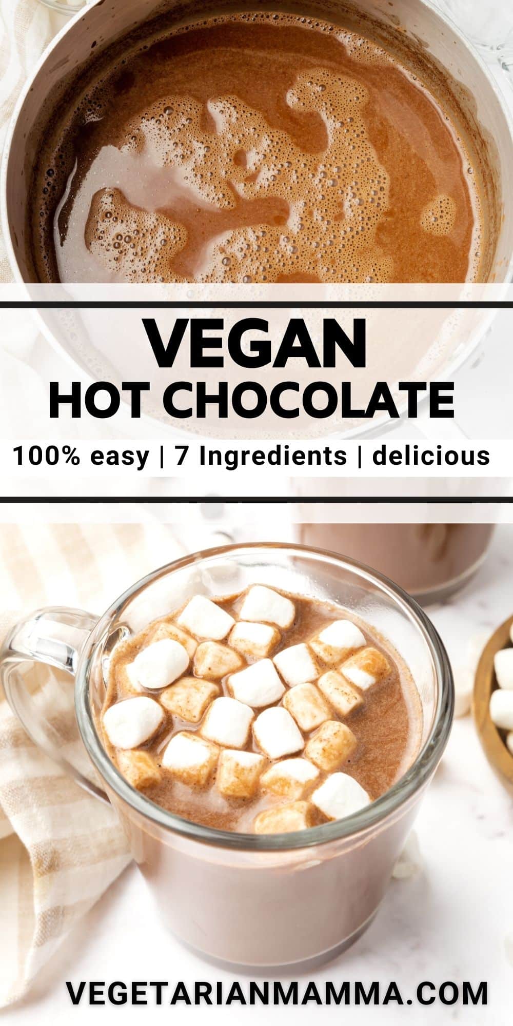 Rich and chocolatey, this vegan hot chocolate with marshmallows is made on the stove in less than 10 minutes with all-natural ingredients.