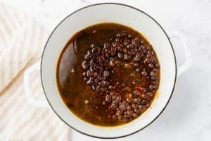 Black beans and broth stirred with seasonings to make chipotle seasoned black beans.
