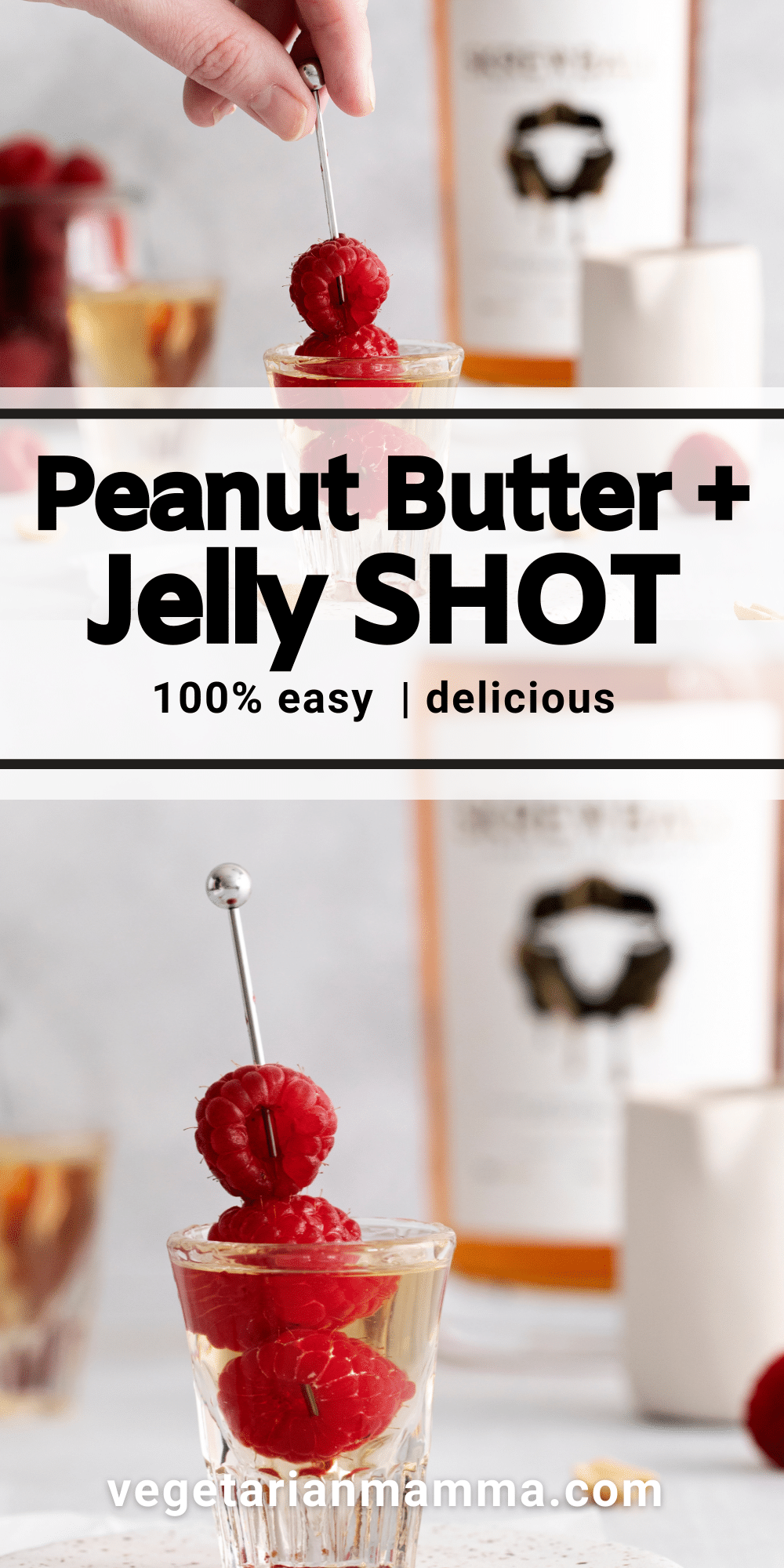 a PBJ shot with a skewer of fresh raspberries in it.