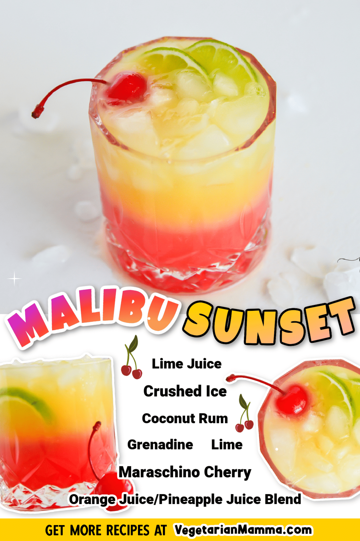 Malibu Sunset is a refreshing, delicious, and beautiful cocktail that is super easy to make! It is the perfect fruity, tropical drink for any time of year. via @vegetarian mamma