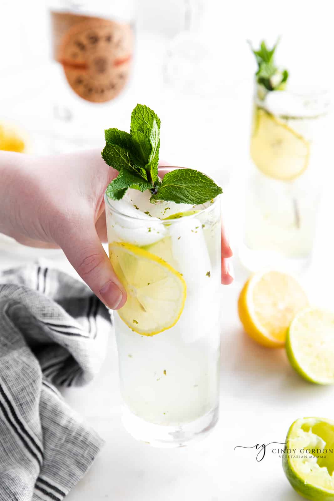 a hand picking up a bootlegger drink in a tall glass, garnished with lemon and mint.