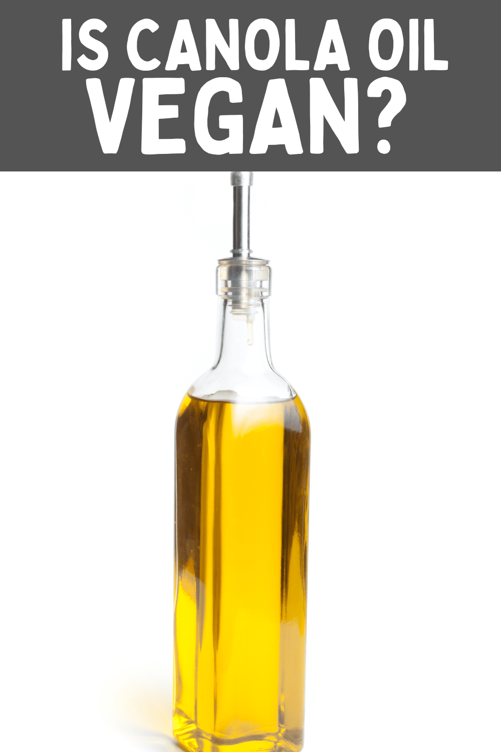 glass bottle with yellow liquid and text overlay: is canola oil vegan?