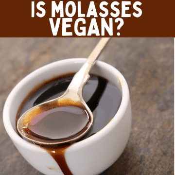 white bowl with brown liquid. silver spoon in bowl with brown liquid. text overlay: is molasses vegan