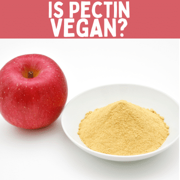 picture of red apple and white bowl with brown powder and text overlay: is pectin vegan?
