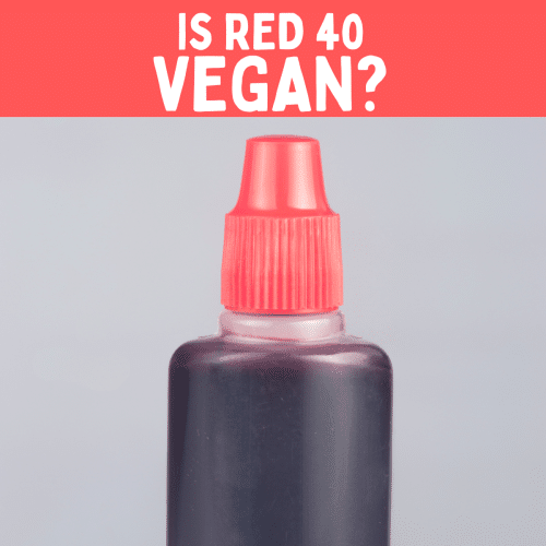 red food color plastic container with a red lid. dark red liquid inside. Text overlay: is red 40 vegan?