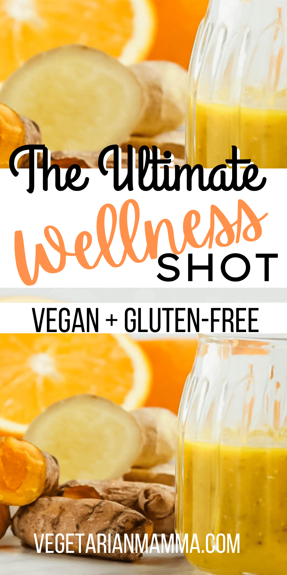 An easy Wellness Shot recipe is made in your blender with just 5 ingredients. This flavorful juice has anti-inflammatory benefits, vitamin C, and chia seeds for an all-day energy bonus.