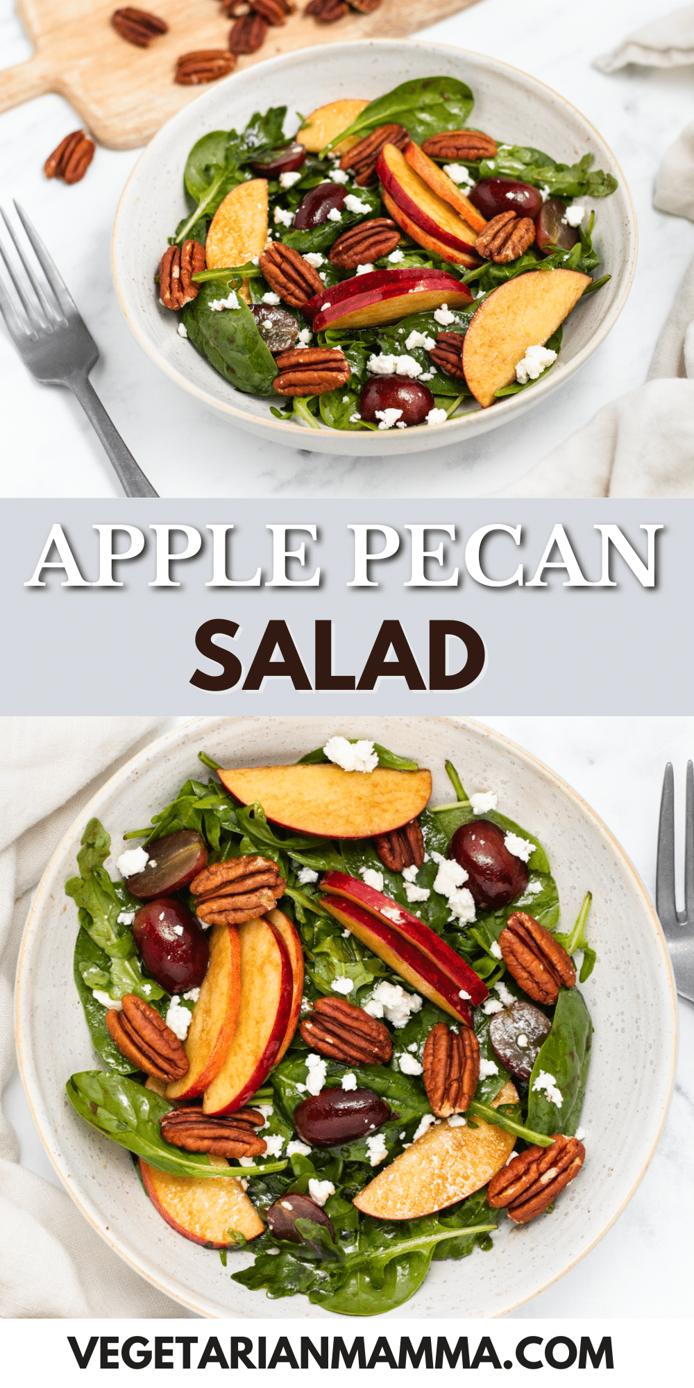 This Apple Pecan Salad is a healthy side, topped with crisp apples, toasted pecans, salty feta, and a simple homemade dressing.