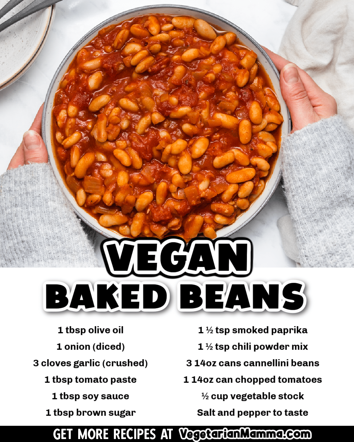 a bowl of vegan baked beans. Under the photos is a list of the ingredients needed to cook them.