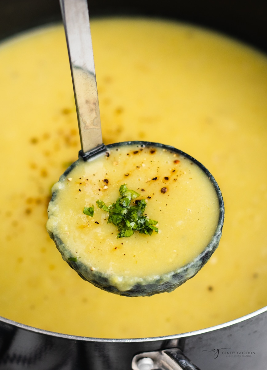 a pot of magic leek soup. A ladle is holding up a serving, garnished with herbs.