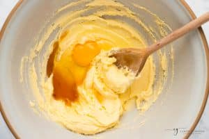 eggs and vanilla added to softened butter.