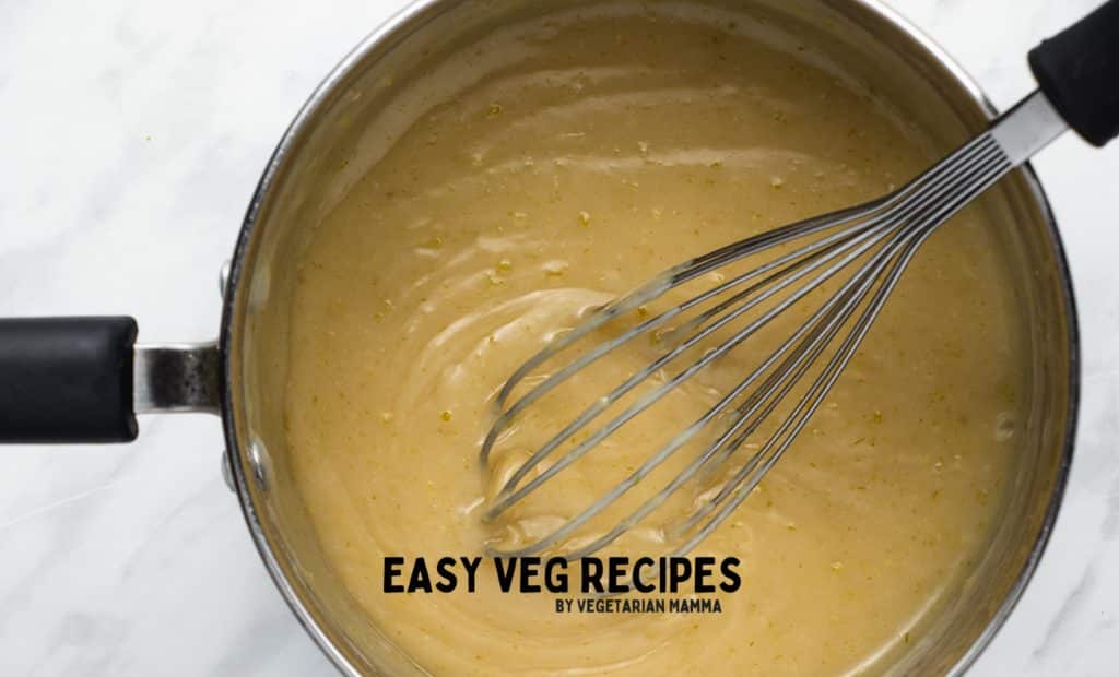 Cooked vegan key lime pie filling in a saucepan.