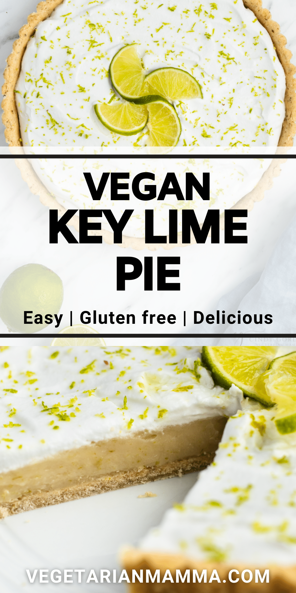 Learn to make a Vegan Key Lime pie! This delicious dessert is creamy, luscious, tart, and sweet, made with a vegan pie crust, a coconut cream lime filling, and topped with even more whipped coconut cream.