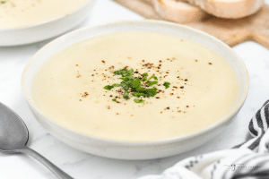 a finished bowl of 4 ingredient potato soup