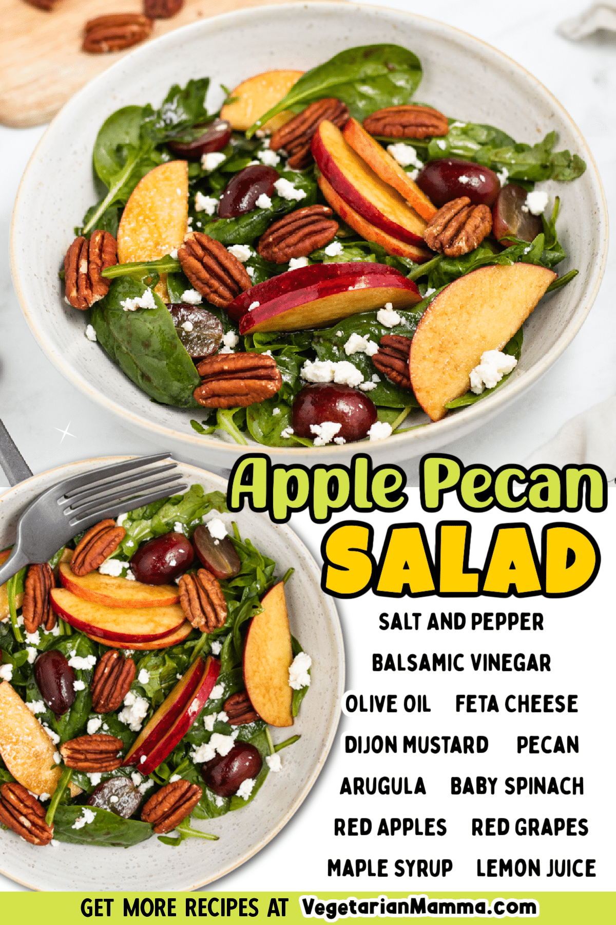 This Apple Pecan Salad is a healthy side, topped with crisp apples, toasted pecans, salty feta, and a simple homemade dressing.