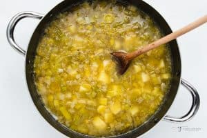 Magic leek soup, simmering in a pot.