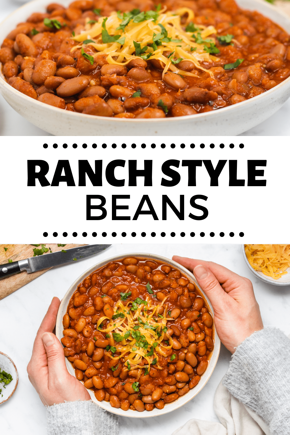 Perfectly cooked, tender Pinto Beans are simmered with zesty spices in a thick chili gravy to create this simple recipe for Ranch Style Beans that makes a delicious side dish or a hearty vegetarian main meal.