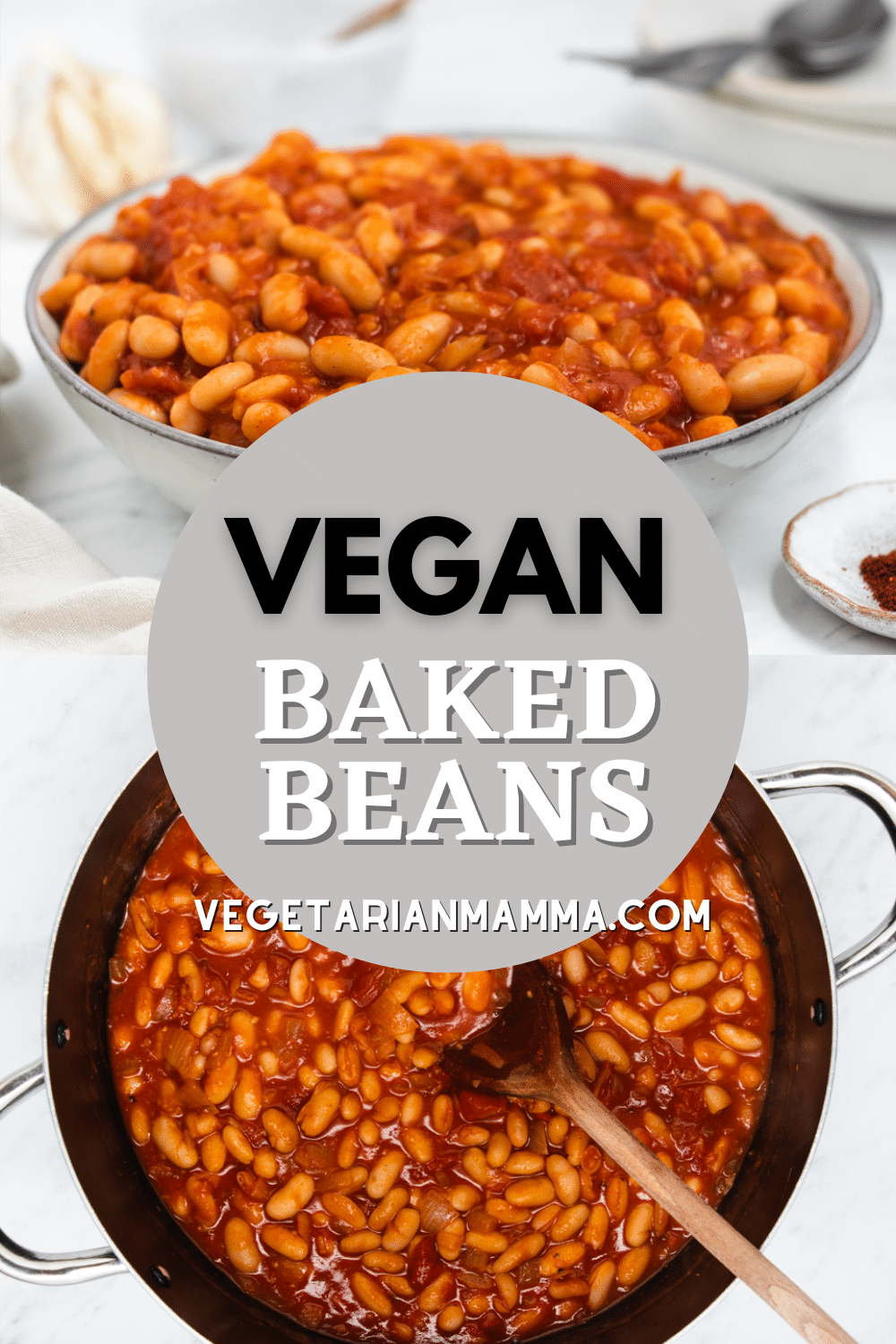 A bowl of baked beans in the top half of a vertical image. Below is a black pan containing baked beans. Text overlay says vegan baked beans