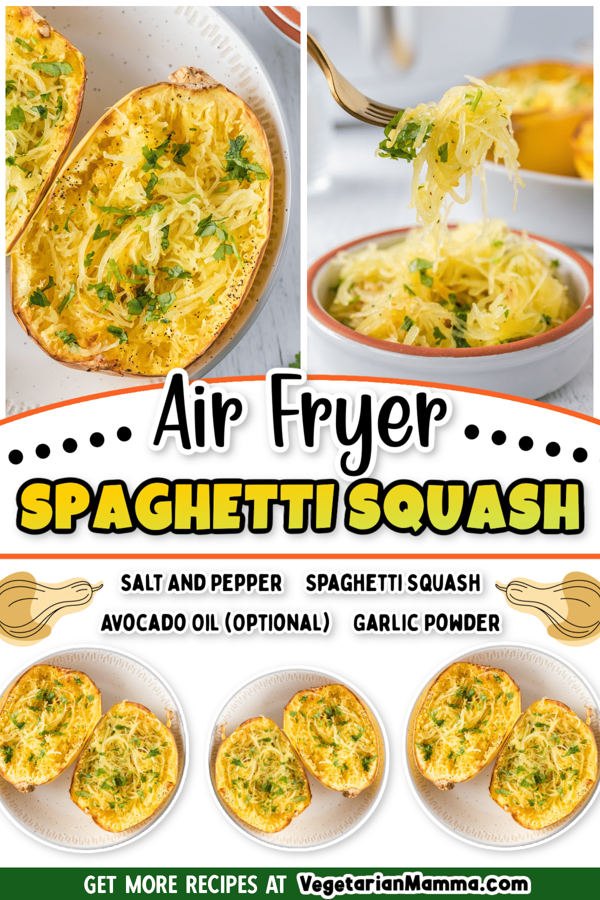 Roasted air fryer spaghetti squash takes less than 20 minutes to cook perfectly! Enjoy it plain, or toss it with your favorite pasta sauces for a low-carb, gluten-free meal.