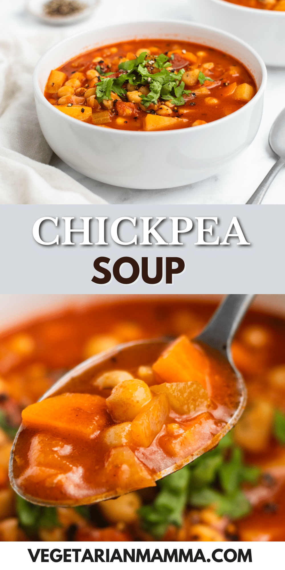 You are going to love this hearty, tomato-based Chickpea Soup! It's filling and rich with creamy beans and potatoes, perfectly seasoned with garlic and herbs, and cooked in less than an hour on the stovetop.