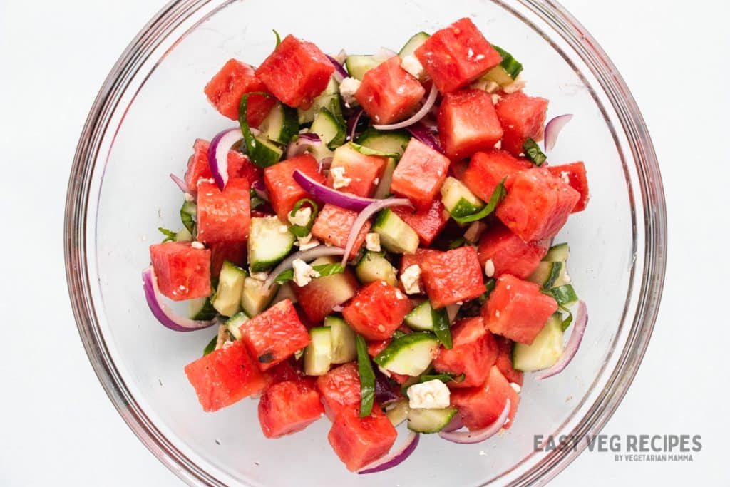 Watermelon salad in a bowl.