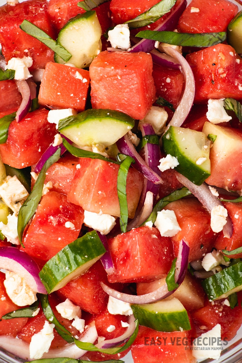 closeup of a salad made with watermelon, basil, cucumber, onion, and feta