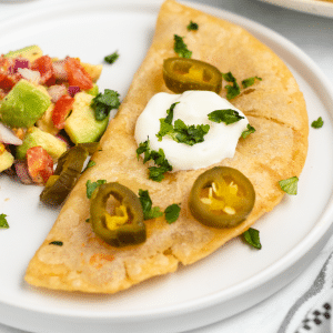 a folded quesadilla fritas topped with sour cream and pickled jalapenos next to a tomato avocado salad.