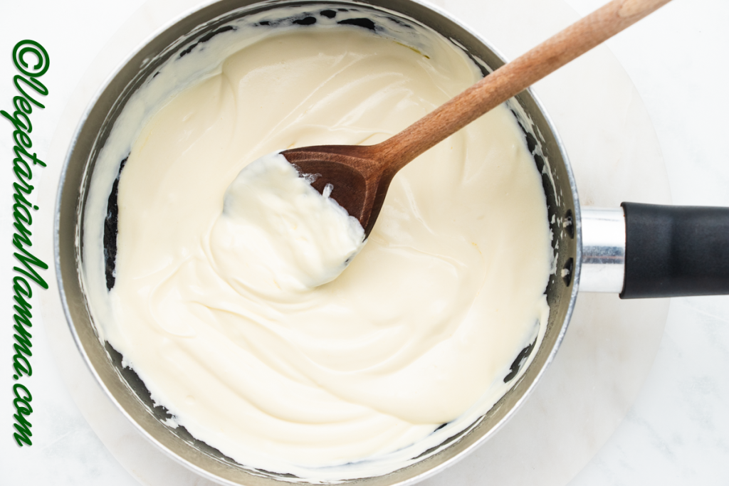 In a pan, add the butter and cream cheese to a saucepan, and stir together over a low heat until the butter has melted. Then add the milk and stir until well combined and creamy.