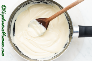 In a pan, add the butter and cream cheese to a saucepan, and stir together over a low heat until the butter has melted. Then add the milk and stir until well combined and creamy.