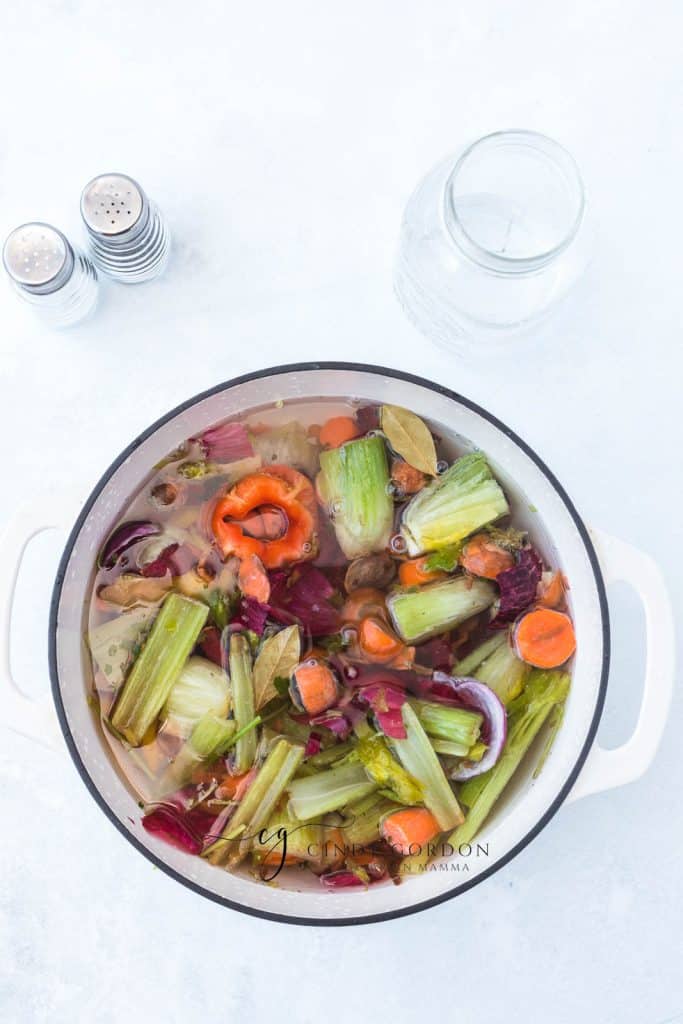vegan chicken broth simmering in a pot