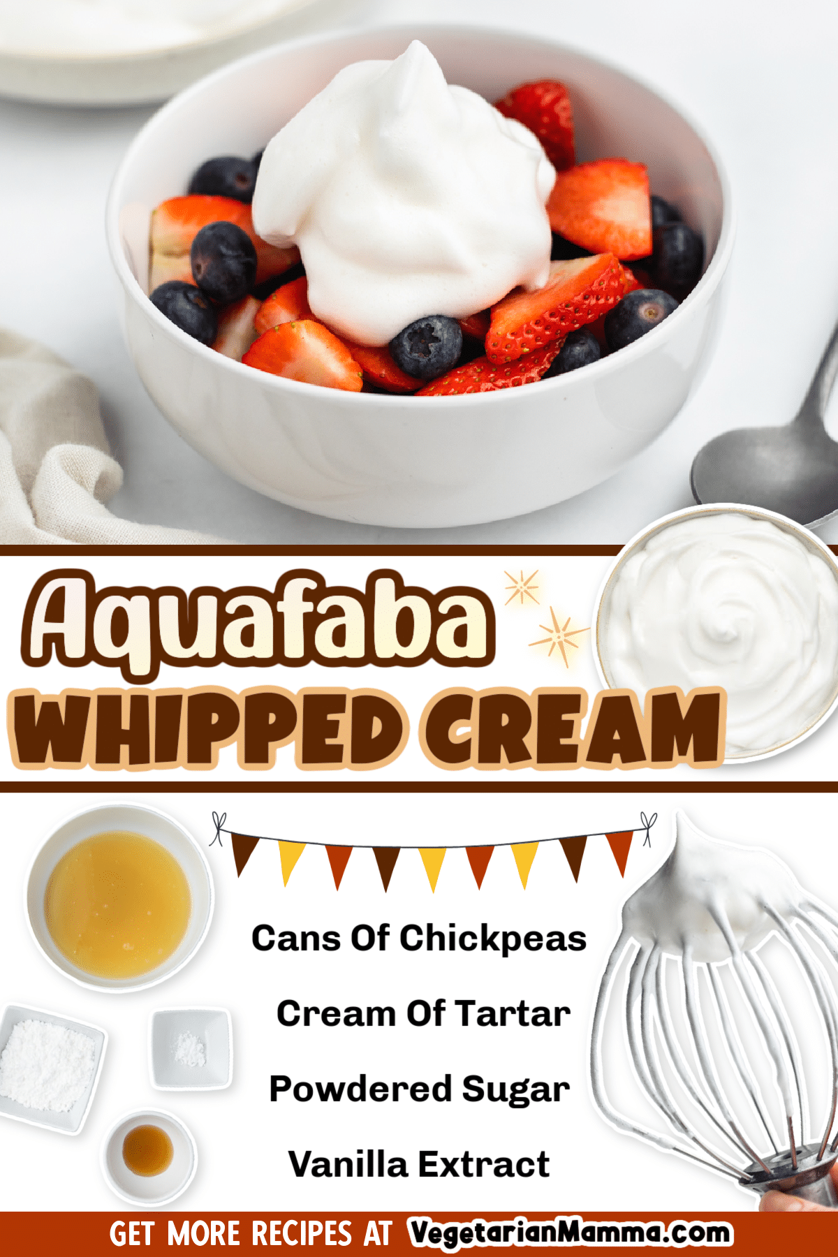 Easily turn the liquid from canned chickpeas into a sweet, fluffy vegan whipped topping with this easy Aquafaba Whipped Cream recipe! via @vegetarian mamma