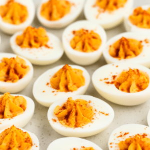 Million dollar deviled eggs with paprika garnish.