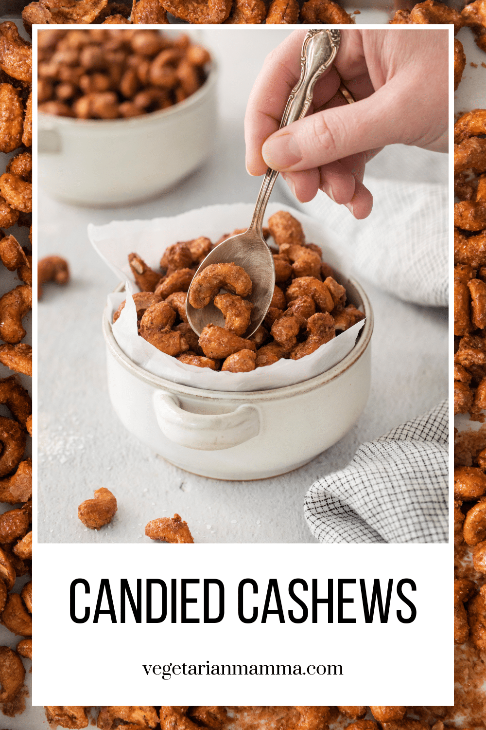 Homemade Candied Cashews are so simple to make, and completely delicious in so many ways! These nuts are crisp and crunchy, perfectly sweetened, and flavored with cinnamon, nutmeg, and maple syrup.