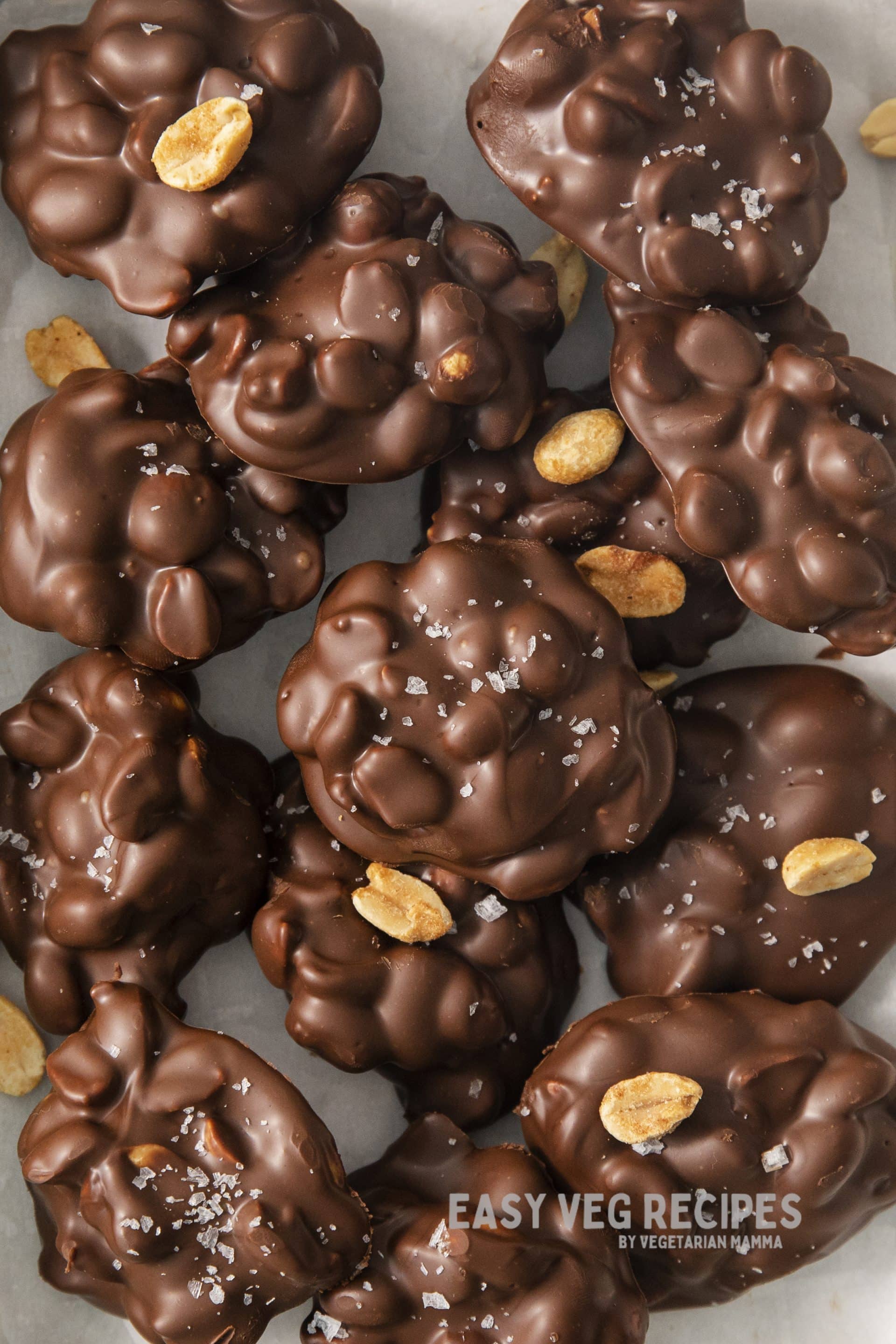 peanut candy clusters on a tray. 