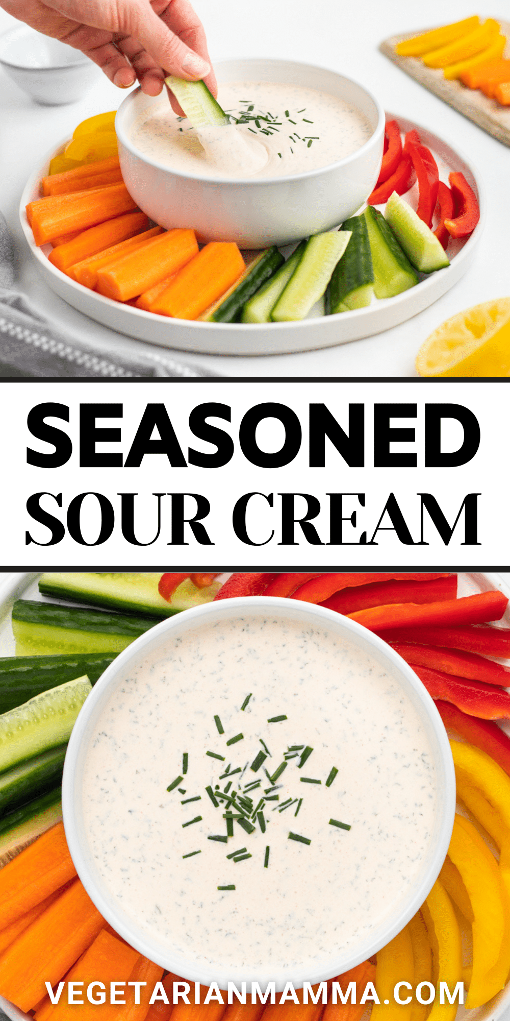 An incredibly easy and super tasty recipe for Seasoned Sour Cream can be whipped up in just a few minutes! It's perfect as a dip for veggies, or as a topping for your favorite Mexican recipes.