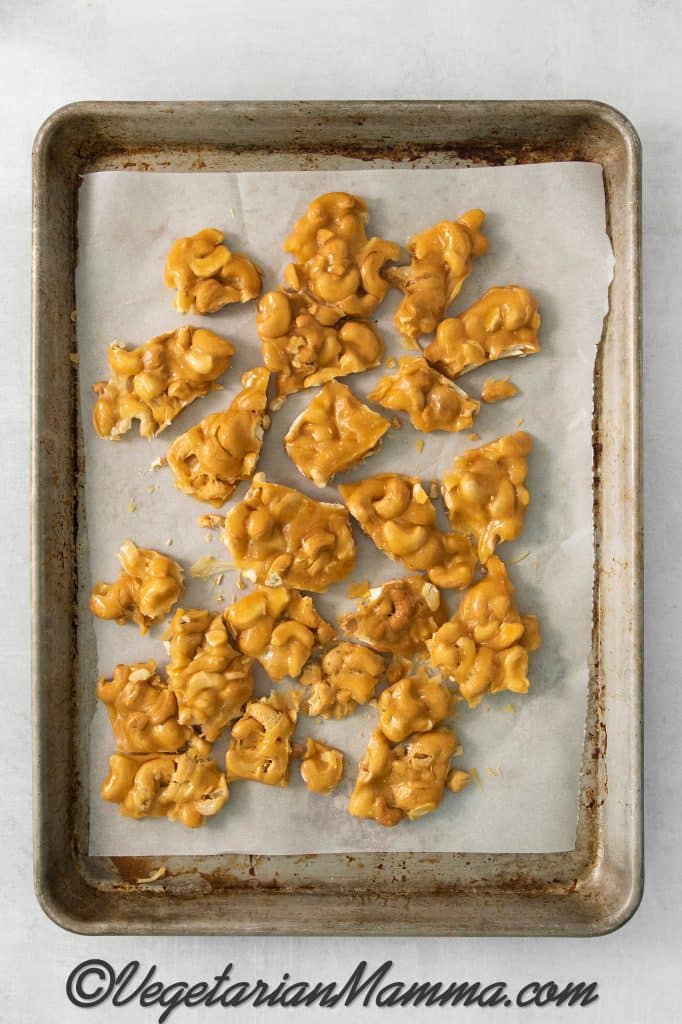 When the brittle is set, break it into your desired size pieces and transfer to an airtight container. Store at room temperature for up to one week.