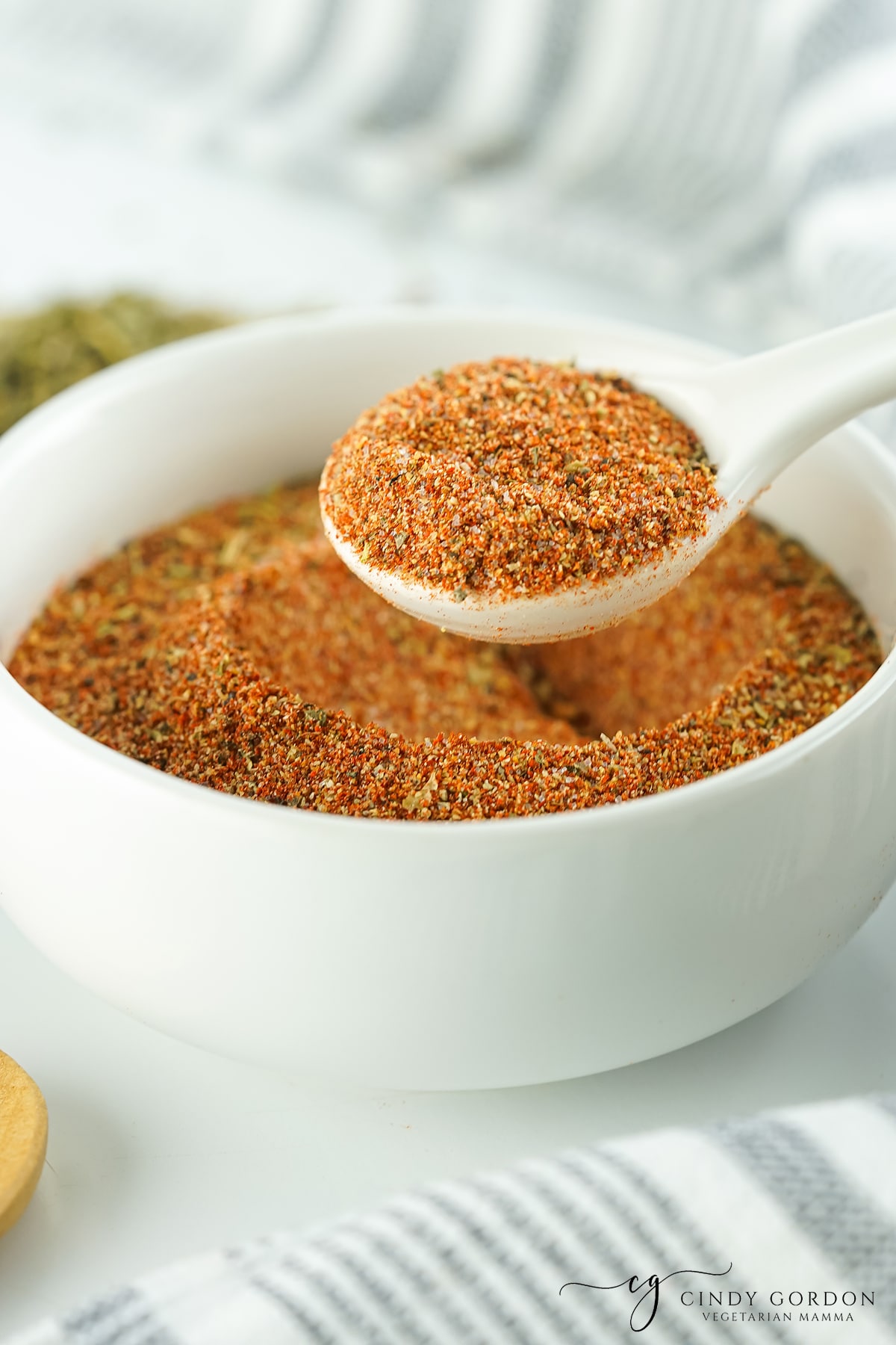 a bowl of cajun seasoning. A white spoon is holding up a portion.