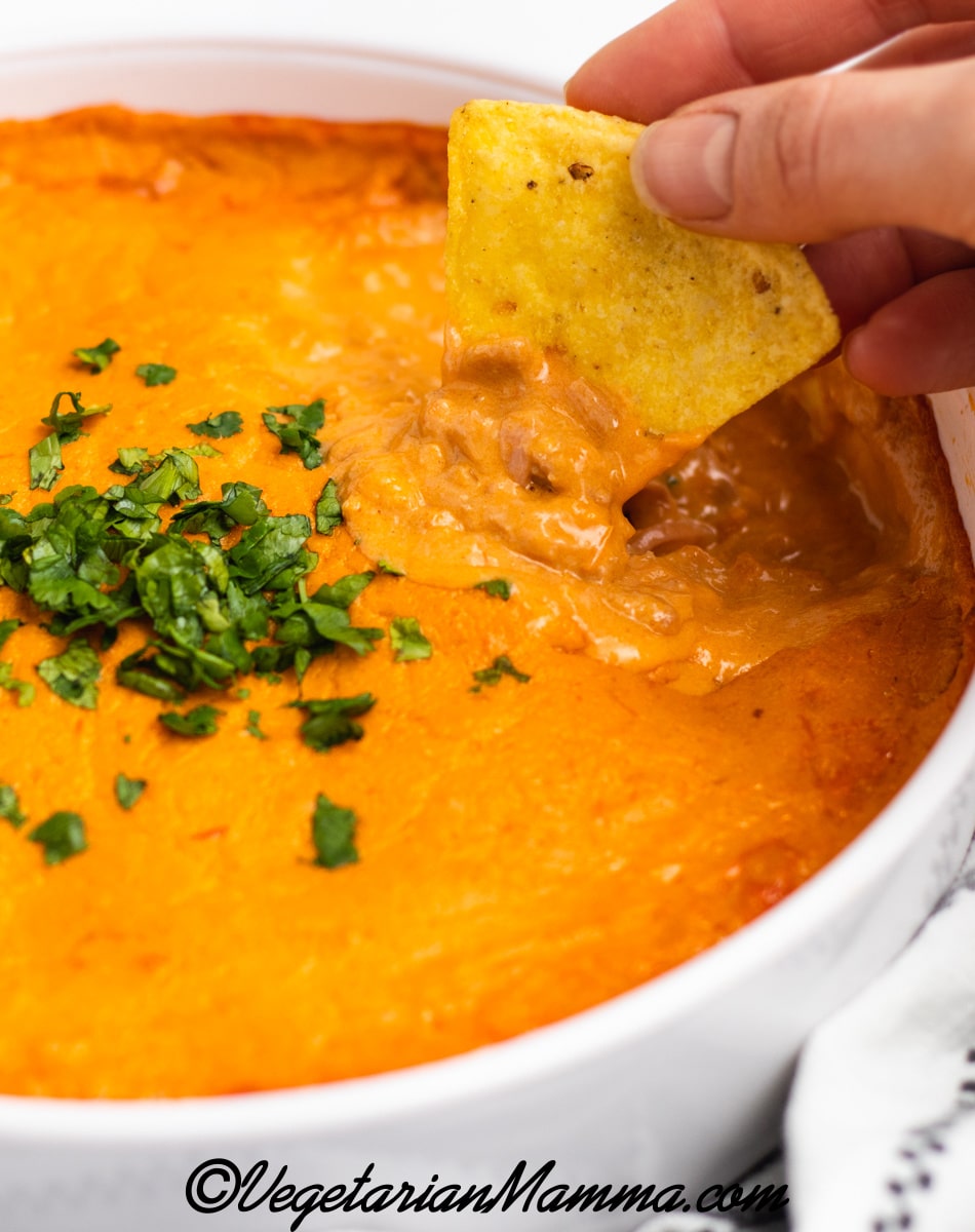 Yummy vegan buffalo chicken dip with cilantro on top.