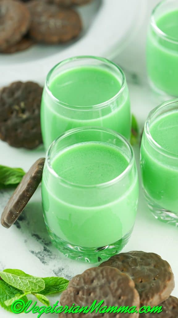 pour into glasses and add mint leaves or thin mint cookies.
