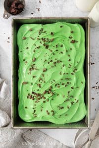 Mint frosted cake with chocolate shavings.