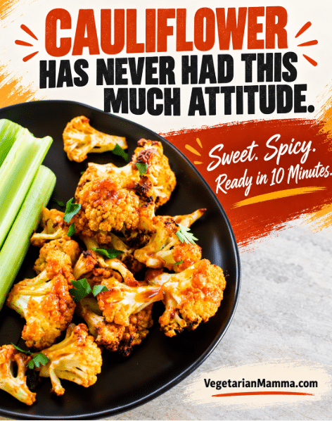Air Fryer Honey Sriracha Cauliflower is a delicious spicy air fryer recipe topped off with a sweet and spicy Sriracha sauce. This vegetarian air fryer recipe is a winner for game day! #airfryer #airfryerrecipe #airfryercauliflower via @vegetarian mamma